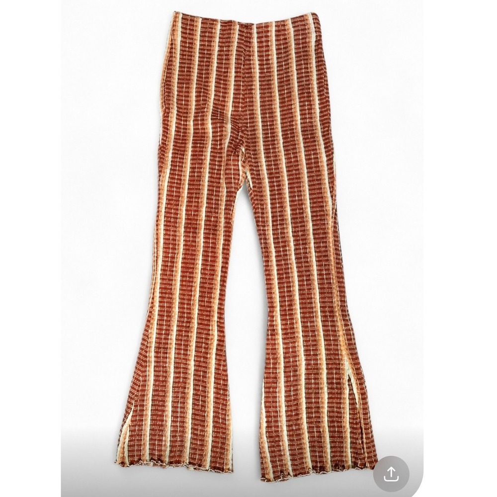 Free‎ People High Rise Flare Pants Rust Orange Striped Boho Bell Bottom Small